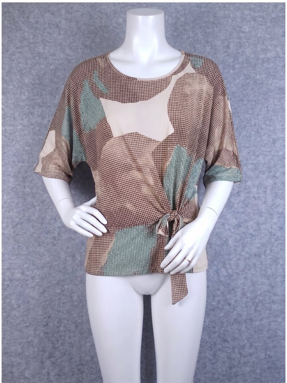 Clara Sun Woo Abstract Geometric Tie Front Dolman Top 1X Teal Beige USA Plus